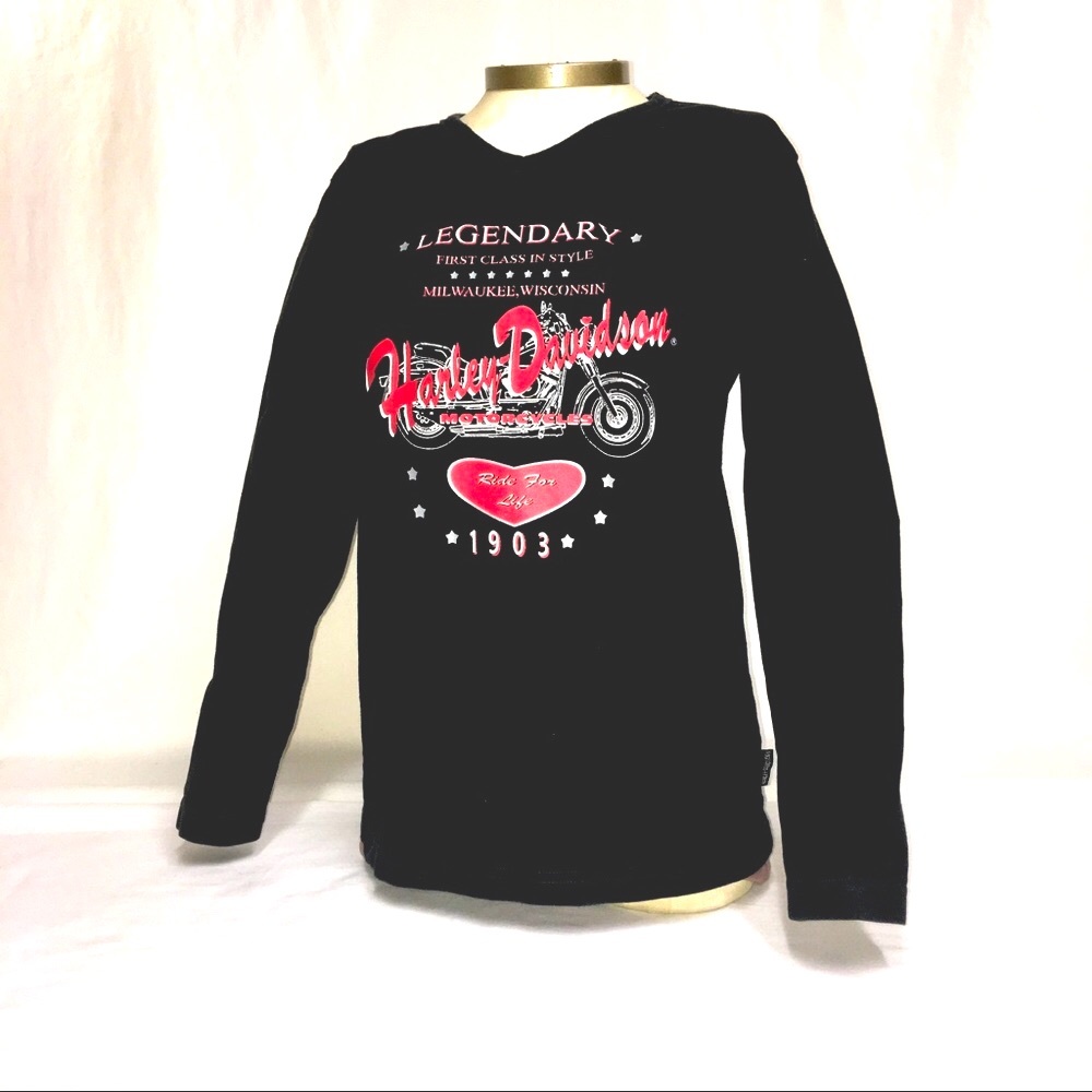 VINTAGE Genuine HARLEY-DAVIDSON Silver Tag Women's L V-Neck Long Sleeve Shirt
